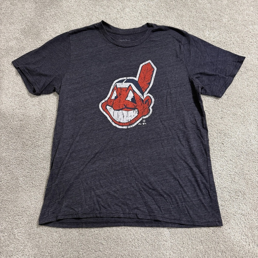 Majestic Cleveland Indians T Shirt Men Sz XXL Navy Blue Chief Wahoo Logo Tee MLB